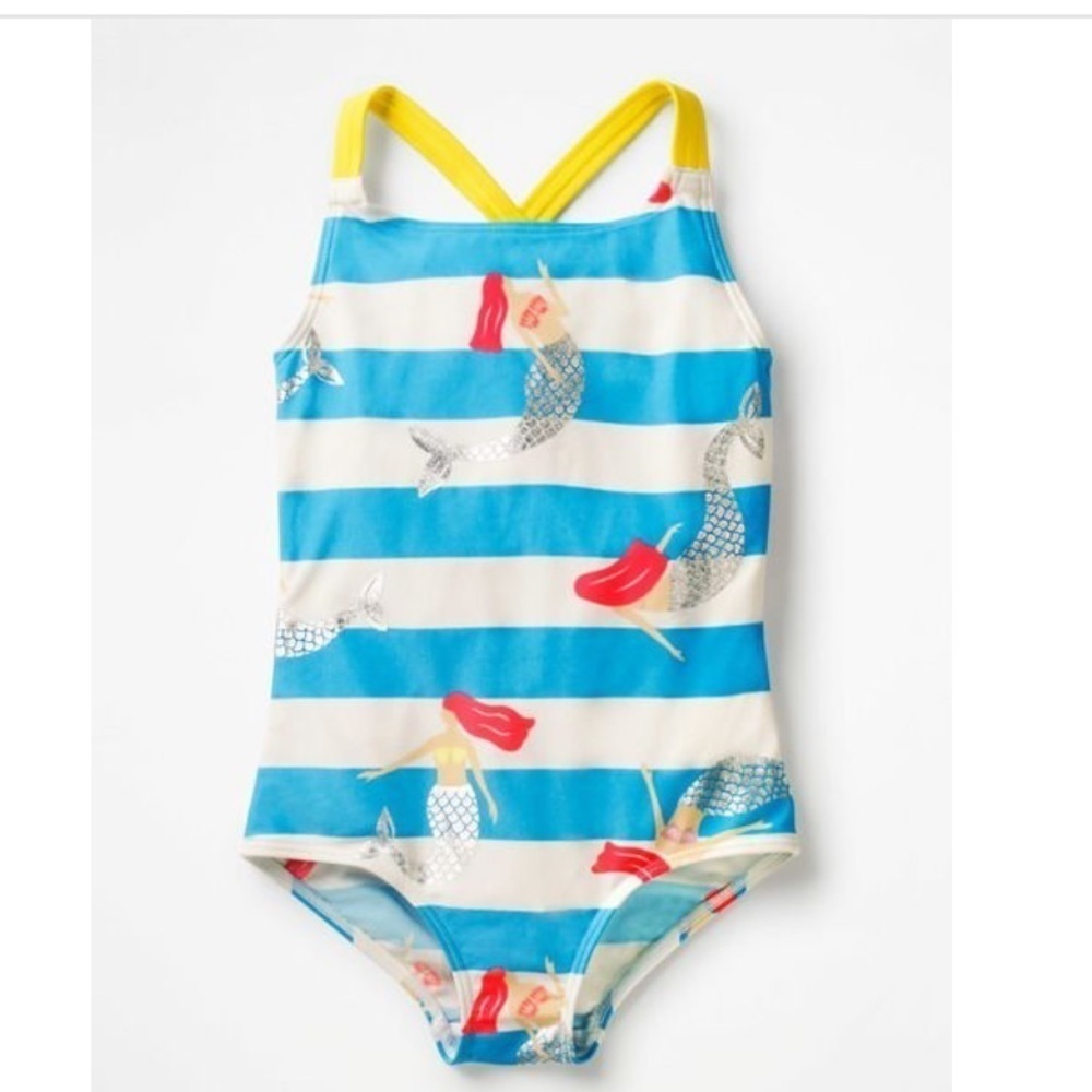 Mini Boden Mermaid striped Swimsuit girls 9-10Y cross-back